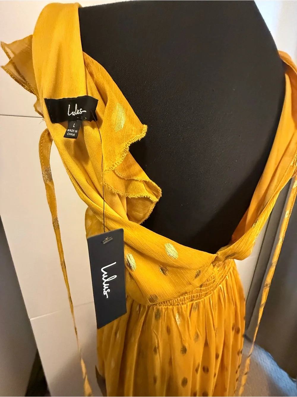 Lulus Cause to Celebrate Yellow and Gold Dot Ruffled Tiered Midi Dress, Size L - Picture 6 of 6